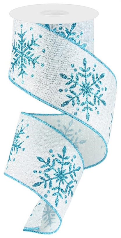 Wired Ribbon * Glittered Snowflakes Metallic * Turquoise and Silver Canvas  * 2.5" x 10 Yards * RGC1948