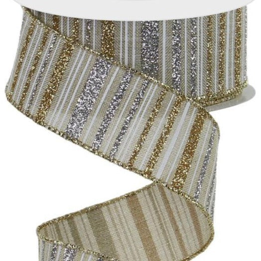 Wired Ribbon * Glitter Stripe * Natural, Gold and Silver * 1.5" x 10 Yards Canvas * RGC195518