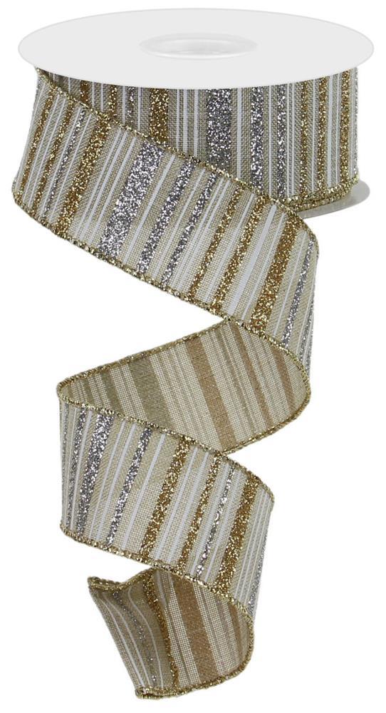 Wired Ribbon * Glitter Stripe * Natural, Gold and Silver * 1.5" x 10 Yards Canvas * RGC195518