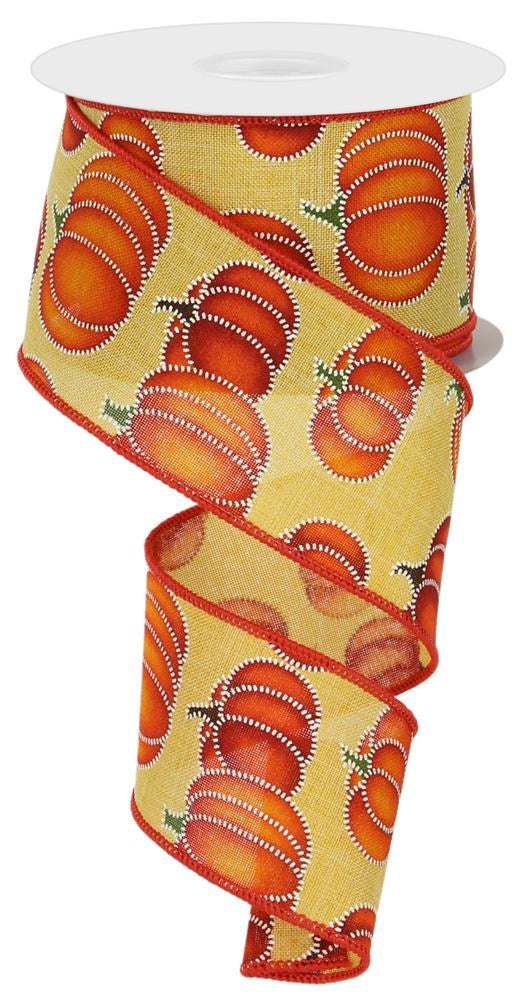 Wired Ribbon * Stitched Pumpkins * Mustard, Orange, White and Green Canvas * 2.5" x 10 Yards * RGC1975LA