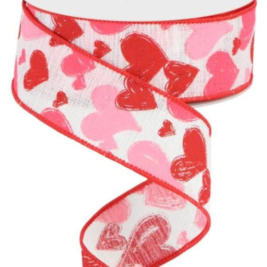 Wired Ribbon * Hand Drawn Hearts * White, Red, Hot Pink and Pink * 1.5" x 10 Yards *Gauze Canvas * RGC199527