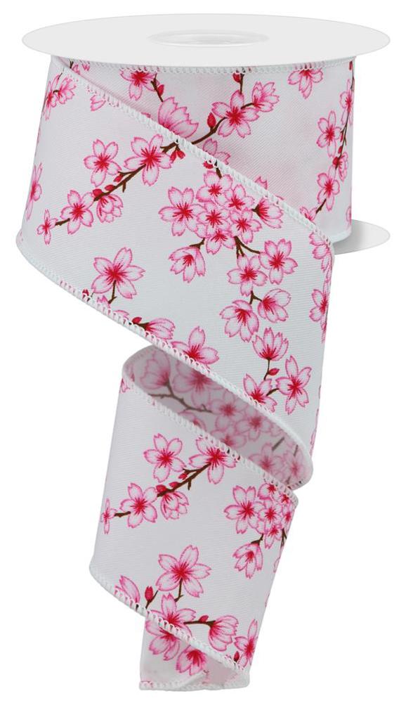 Wired Ribbon * Cherry Blossoms * White, Pink and Brown PG Canvas * 2.5" x 10 Yards * RGE1071