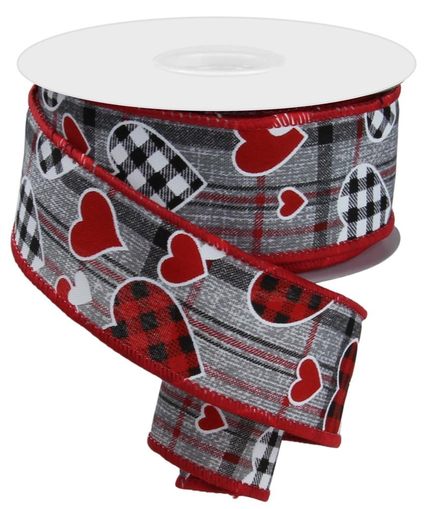 Wired Ribbon * Check Hearts Mini Hearts Plaid * Grey, Black, Red and White * 1.5" x 10 Yards * RGE107610 * Canvas