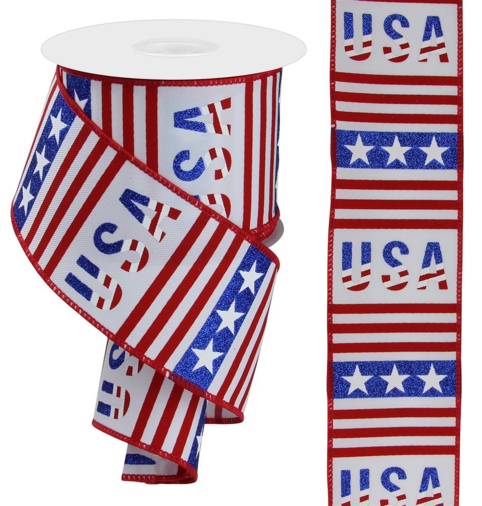Wired Ribbon * Glitter USA, Stripes and Stars * Red, White and Blue Canvas * 2.5" x 10 Yards * RGE108227