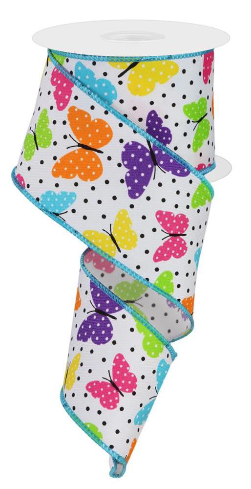 Wired Ribbon * Butterflies and Dots *  Bright Multi Colors Canvas  * 2.5" x 10 Yards * RGE110727