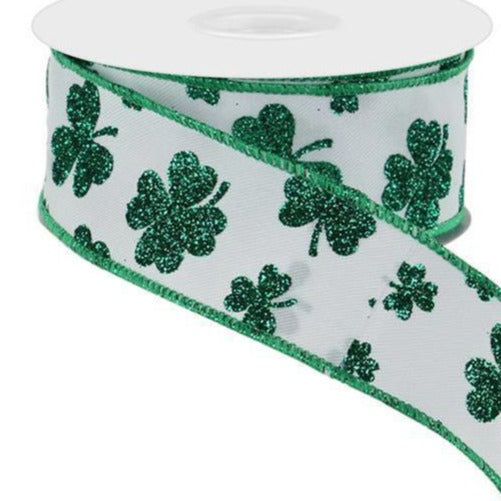 Wired Ribbon * Glittered Shamrocks * Kelly Green and White Canvas * 1.5" x 10 Yards * RGE112227