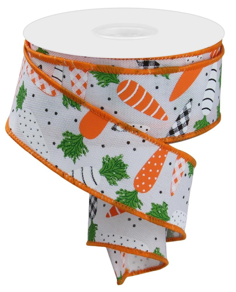 Wired Ribbon * Patterned Carrots * Orange, Black, Green and White Canvas * 1.5" x 10 Yards * RGE112827