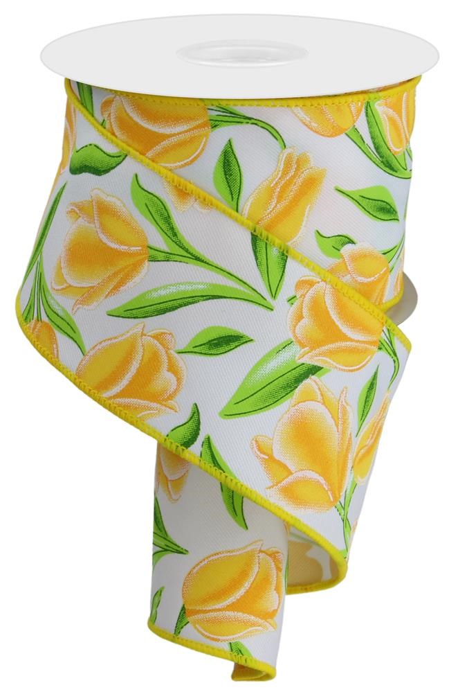 Wired Ribbon * Tulips On Diagonal Weave * White, Yellow, Gold, Green and Lime Canvas * 2.5" x 10 Yards * RGE114727