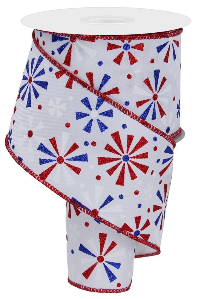 Wired Ribbon * Patriotic * Vintage Pinwheels Glitter * White, Red and Blue Canvas * 2.5" x 10 Yards * RGE115627
