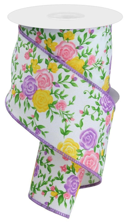 Wired Ribbon * Mini Roses * White, Pink, Yellow, Lavender and Green Canvas * 2.5" x 10 Yards * RGE1180M6