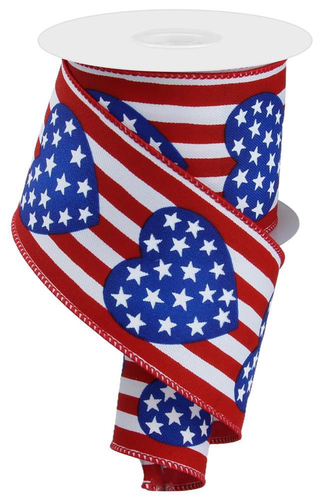 Wired Ribbon * Patriotic Stars In Heart * White, Red and Blue * 2.5" x 10 Yards * RGE126127