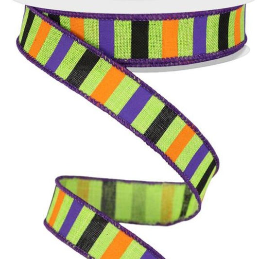 Wired Ribbon * Horizontal Stripes * Lime, Orange, Purple and Black Canvas * 5/8" x 10 Yards * RGE1264E9