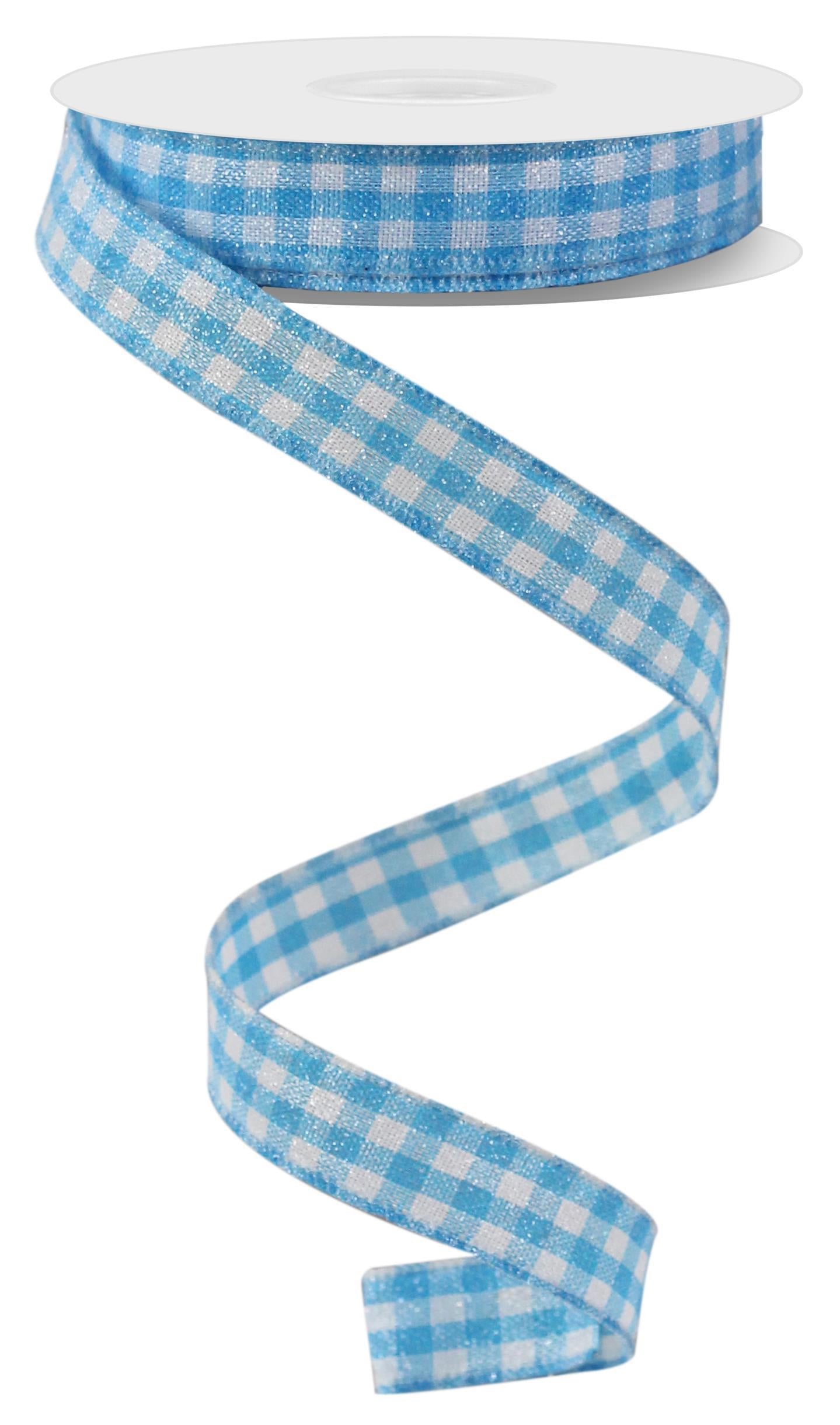 Wired Ribbon * Glitter Gingham Check * Blue and White Canvas * 5/8" x 10 Yards * RGE126603