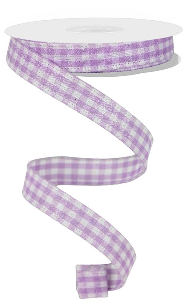 Wired Ribbon * Glitter Gingham Check * Lavender and White Canvas * 5/8" x 10 Yards * RGE126613