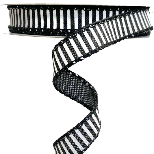 Wired Ribbon * Horizontal Stripes * Black and White Canvas * 5/8" x 10 Yards * RGE126702