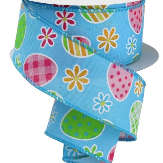 Wired Ribbon * Check Plaid Eggs With Daisies * Blue, Turquoise, Lime, Pink, Gold and Yellow Canvas * 1.5" x 10 Yards * RGE1405JH