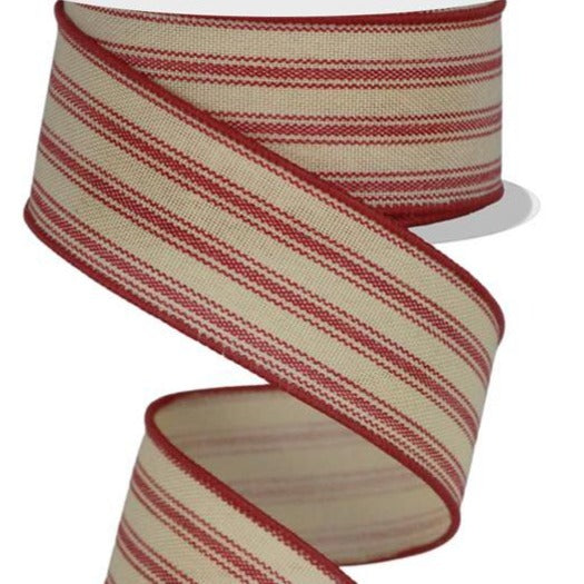 Wired Ribbon * Ticking/Stripe * Farmhouse Red and Tan  * 1.5" x 10 Yards * RGE1496CM * Canvas