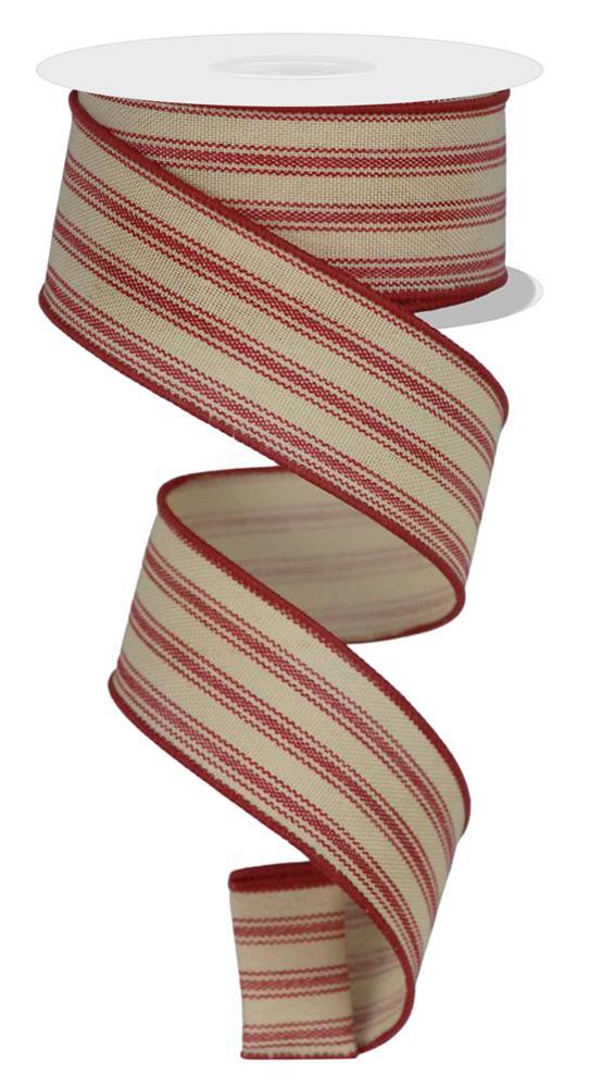 Wired Ribbon * Ticking/Stripe * Farmhouse Red and Tan * 1.5" x 10 Yards * RGE1496CM * Canvas
