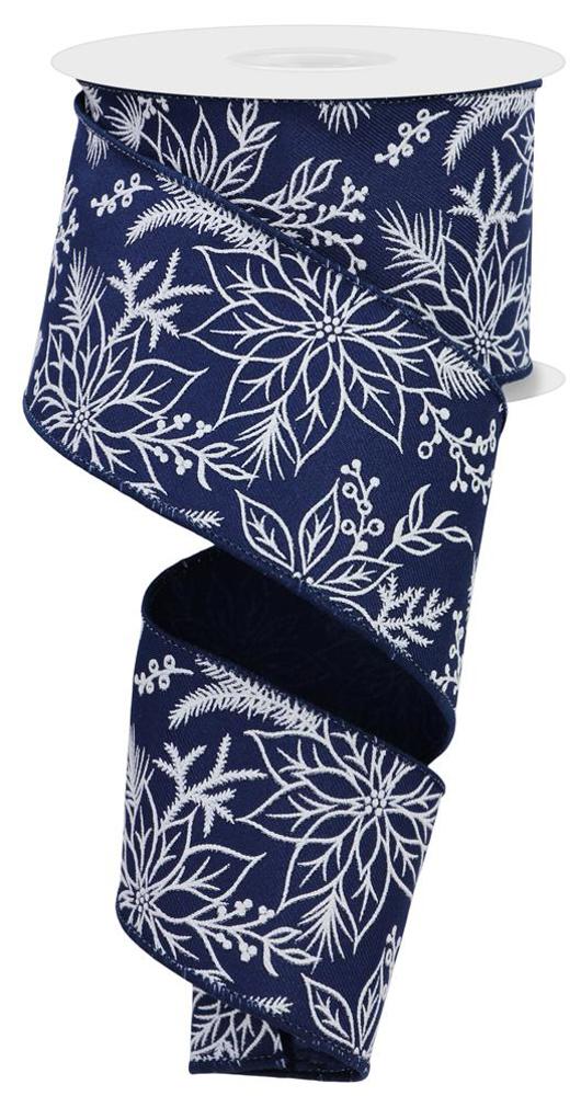 Wired Ribbon * Poinsettia Christmas Foliage * Navy and White 2.5" x 10 Yards * RGE151919 * Canvas