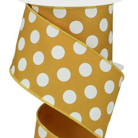 Wired Ribbon * Polka Dots * Dk. Yellow and Ivory Canvas * 2.5" x 10 Yards * RGE15273J