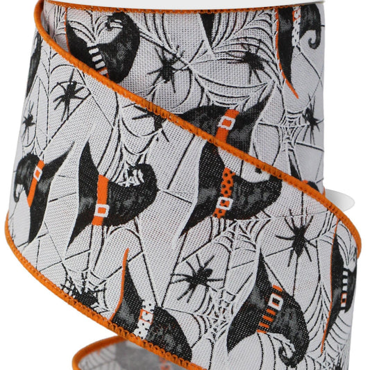Wired Ribbon * Witch Hats and Spiders * White, Grey, Black and Orange * 2.5" x 10 Yards Canvas * RGE153727