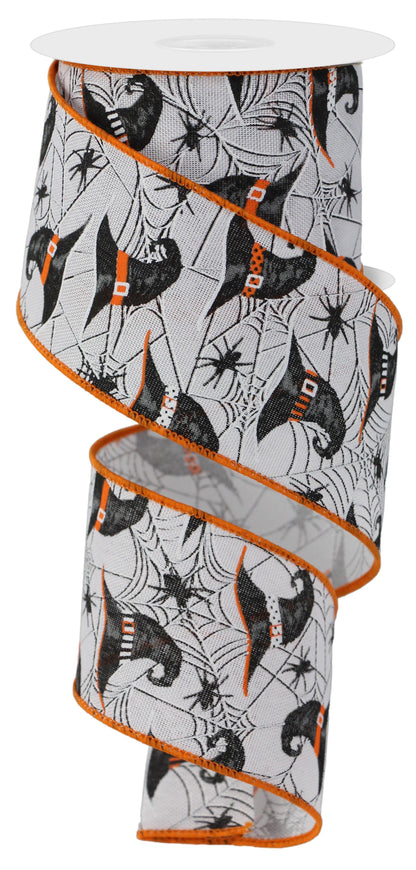 Wired Ribbon * Witch Hats and Spiders * White, Grey, Black and Orange * 2.5" x 10 Yards Canvas * RGE153727