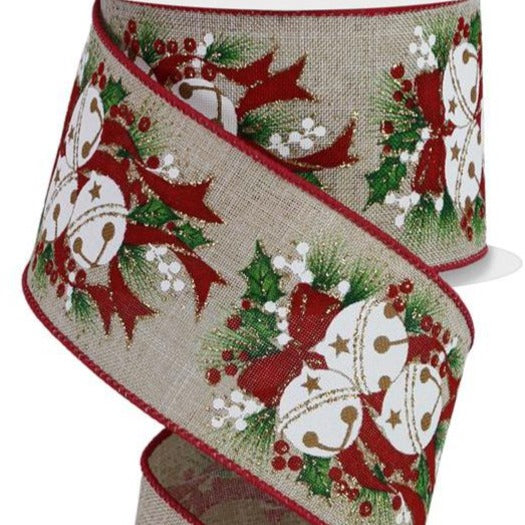 Wired Ribbon * Jingle Bells *  Lt. Natural, Gold, White, Red and Green Canvas  * 2.5" x 10 Yards * RGE154718