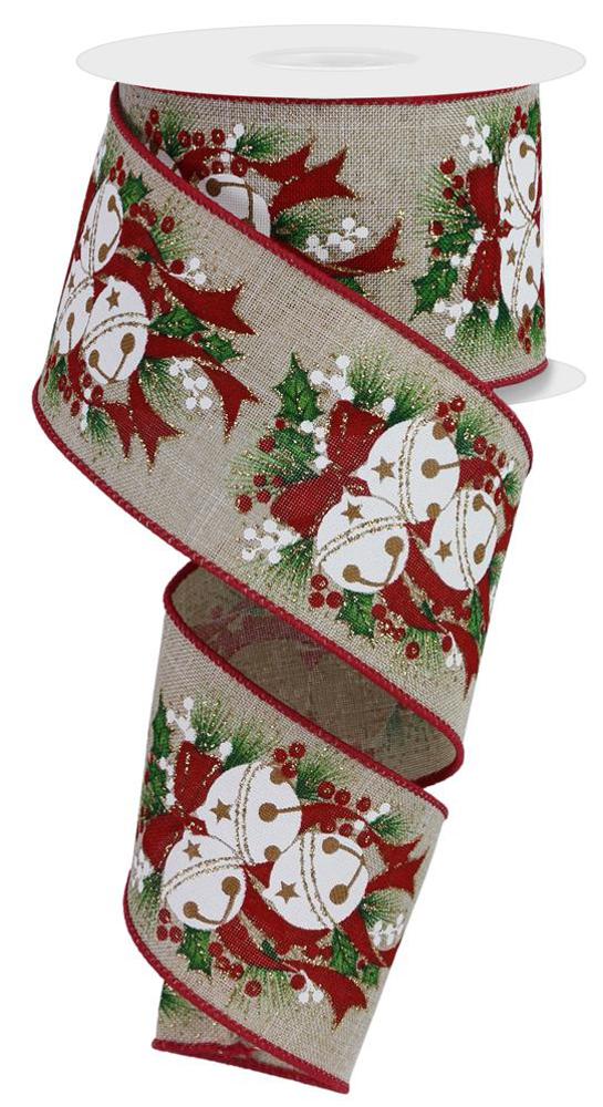 Wired Ribbon * Jingle Bells *  Lt. Natural, Gold, White, Red and Green Canvas  * 2.5" x 10 Yards * RGE154718