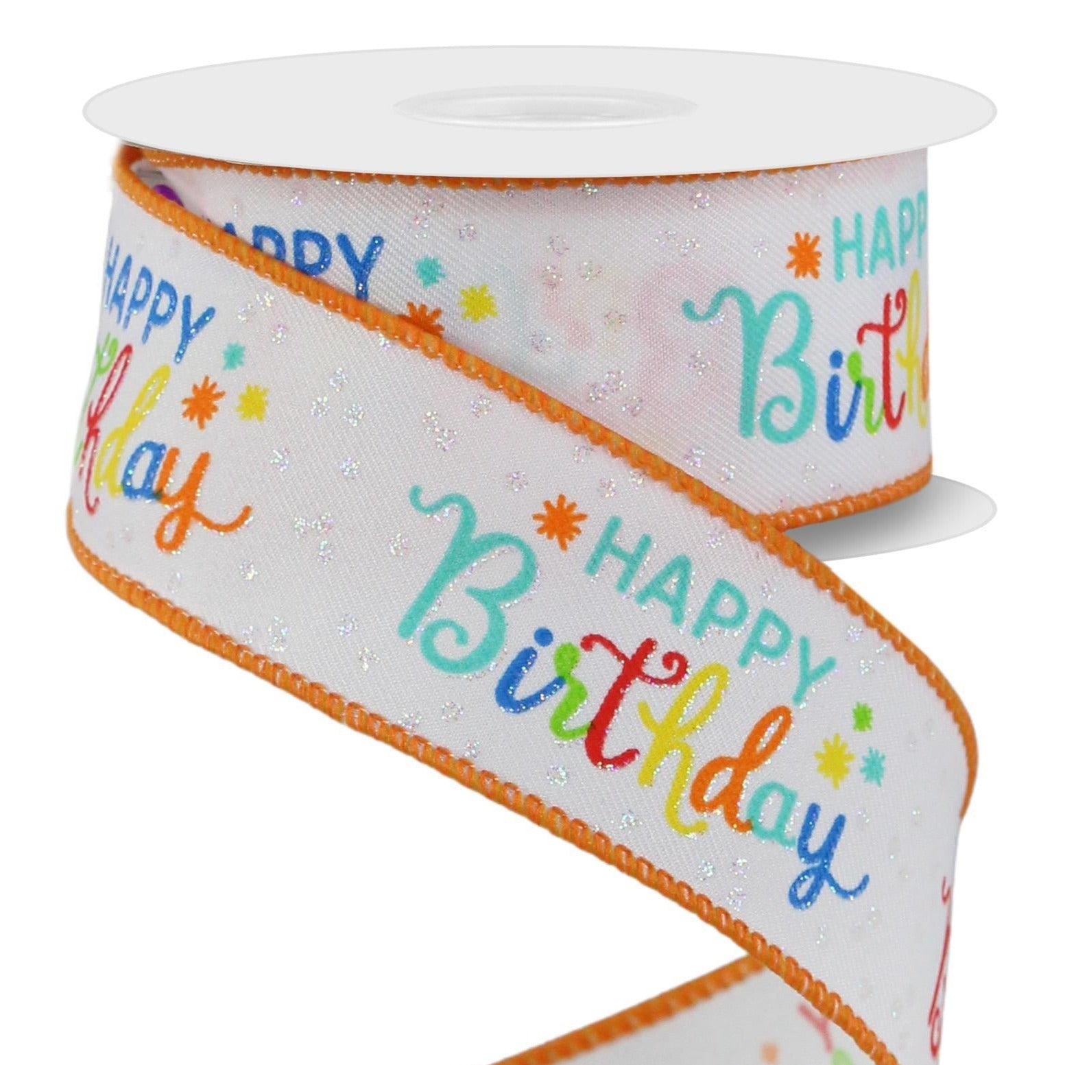 Wired Ribbon * Happy Birthday Script * Bright Multi Colors * 1.5 x 10  Yards * Canvas * RGE163127