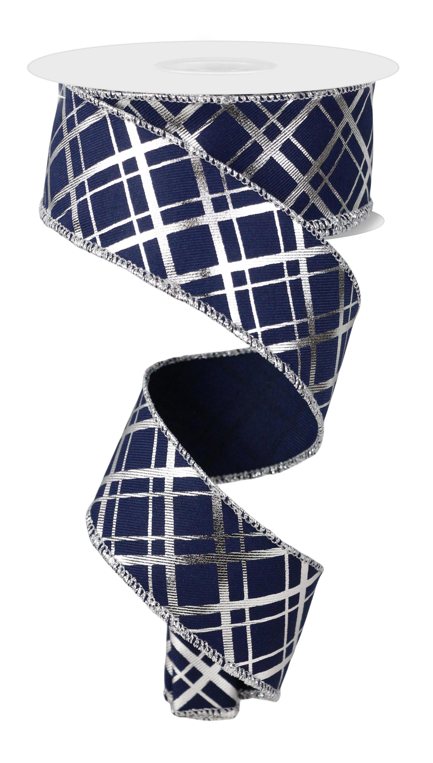 Wired Ribbon * Metallic Thick/Thin Diagonal * Navy Blue and Silver * 1.5" x 10 Yards * Canvas * RGE167363