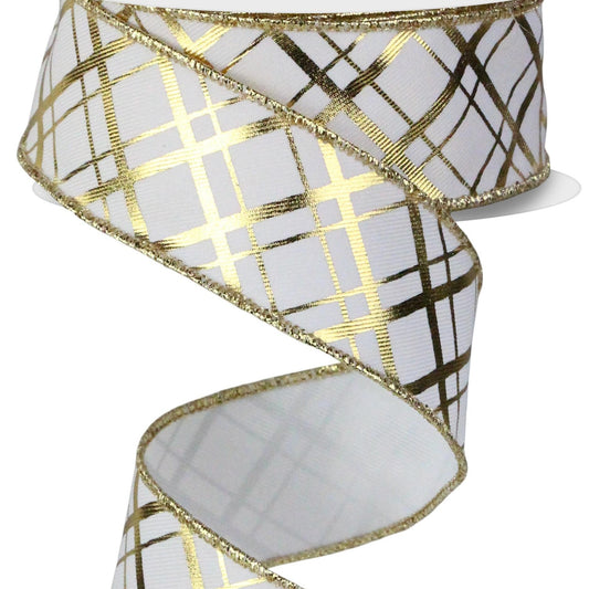 Wired Ribbon * Metallic Thick/Thin Diagonal * Gold and White * 1.5" x 10 Yards * Canvas * RGE1673K3