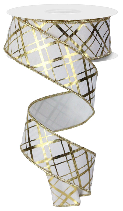 Wired Ribbon * Metallic Thick/Thin Diagonal * Gold and White * 1.5" x 10 Yards * Canvas * RGE1673K3