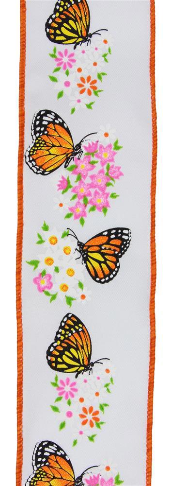Wired Ribbon * Monarch Butterfly With Flowers * White, Dk. Orange, Pink, Black and Green Canvas * 2.5" x 10 Yards * RGE174927