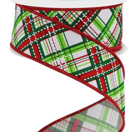 Wired Ribbon * Diagonal Dash Plaid * White, Lime, Emerald and Red * 1.5" x 10 Yards * RGE184933 * Canvas