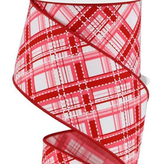 Wired Ribbon * Diagonal Dash Plaid * White, Pink and Red 2.5" x 10 Yards * RGE185015 * Canvas