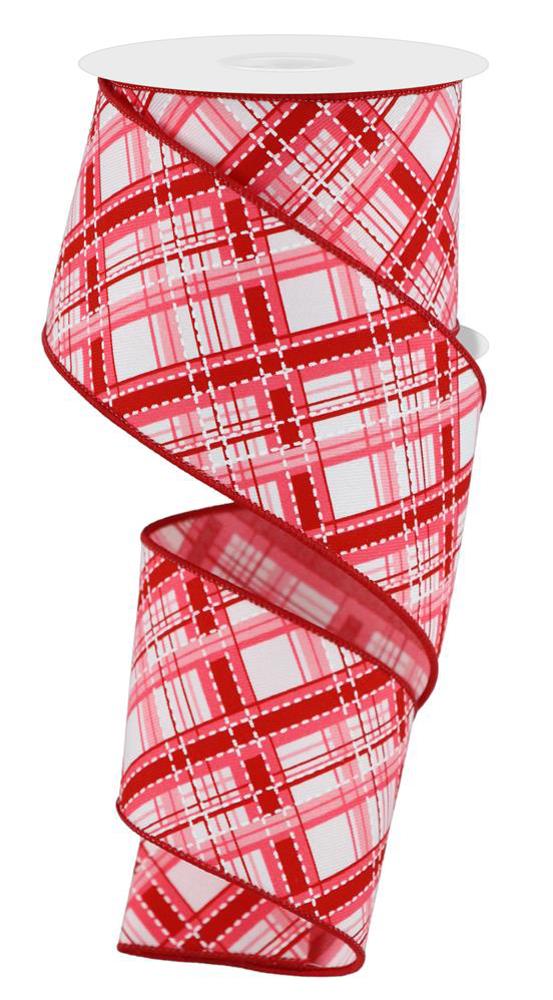 Wired Ribbon * Diagonal Dash Plaid * White, Pink and Red 2.5" x 10 Yards * RGE185015 * Canvas