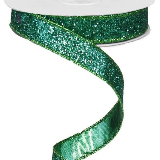 Wired Ribbon * Glitter on Metallic * Emerald Canvas * 5/8" x 10 Yards * RJ203006