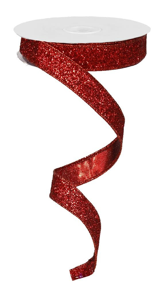 Wired Ribbon * Glitter on Metallic * Red Canvas * 5/8" x 10 Yards * RJ203024