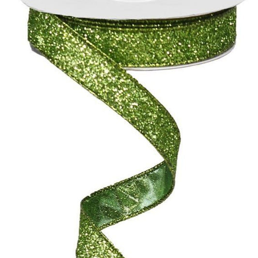 Wired Ribbon * Glitter on Metallic * Lime Canvas * 5/8" x 10 Yards * RJ203033