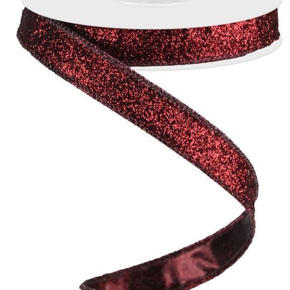 Wired Ribbon * Glitter on Metallic * Cranberry Canvas * 5/8 x 10 Yards *  RJ203058