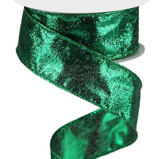 Wired Ribbon * Glitter On Metallic * Emerald Green * 1.5" x 10 Yards Canvas * RJ403006