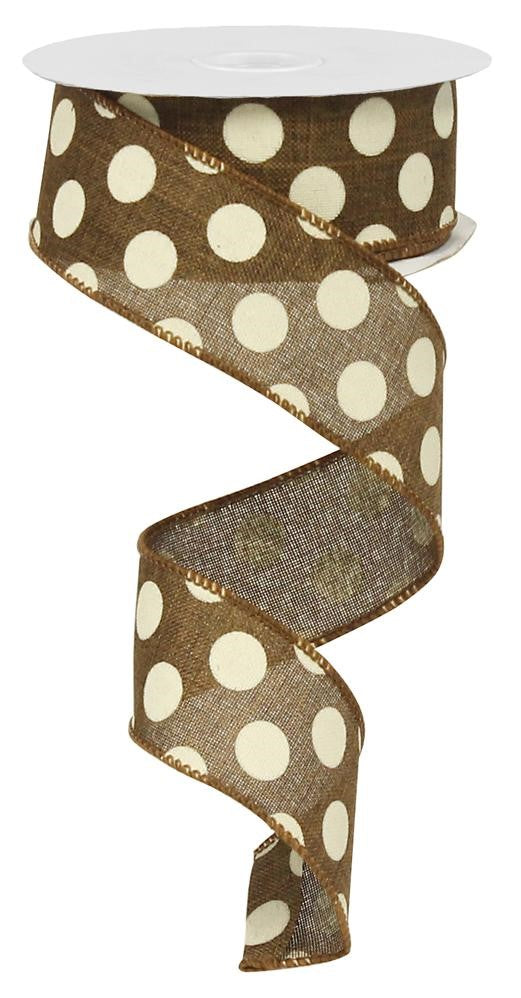 Wired Ribbon * Medium Polka Dot * Brown and Ivory Canvas * 1.5" x 10 Yards * RX9145TX