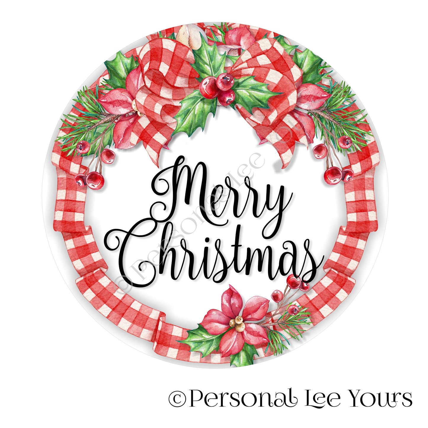 Holiday Wreath Sign * Red Gingham Bow * Merry Christmas * Round * Lightweight Metal