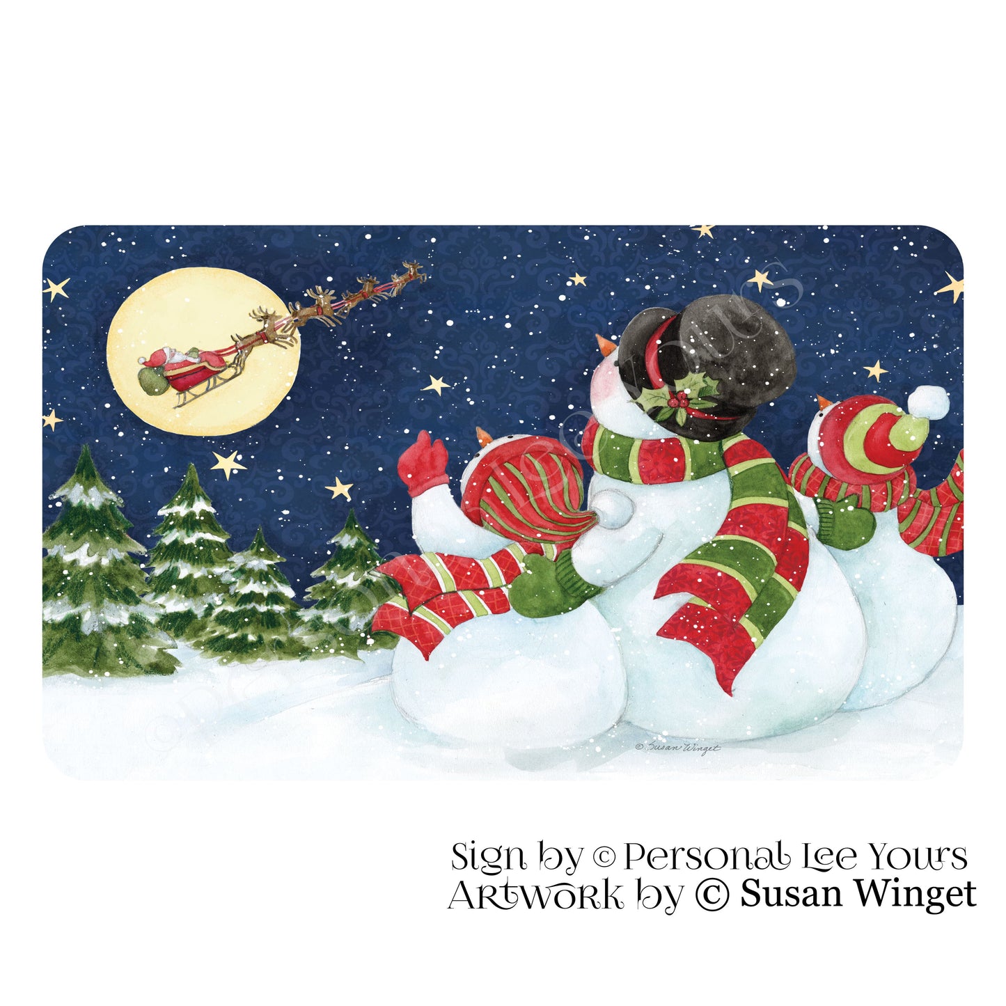 Susan Winget Exclusive Sign * Snowman Watching Sleigh ~ Christmas * Horizontal * 4 Sizes * Lightweight Metal