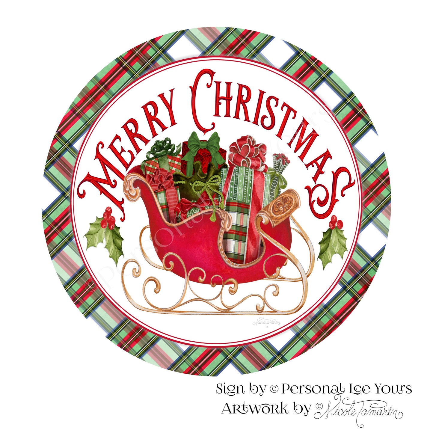 Nicole Tamarin Exclusive Sign * Tartan Christmas * Merry Christmas * Round * Lightweight Metal