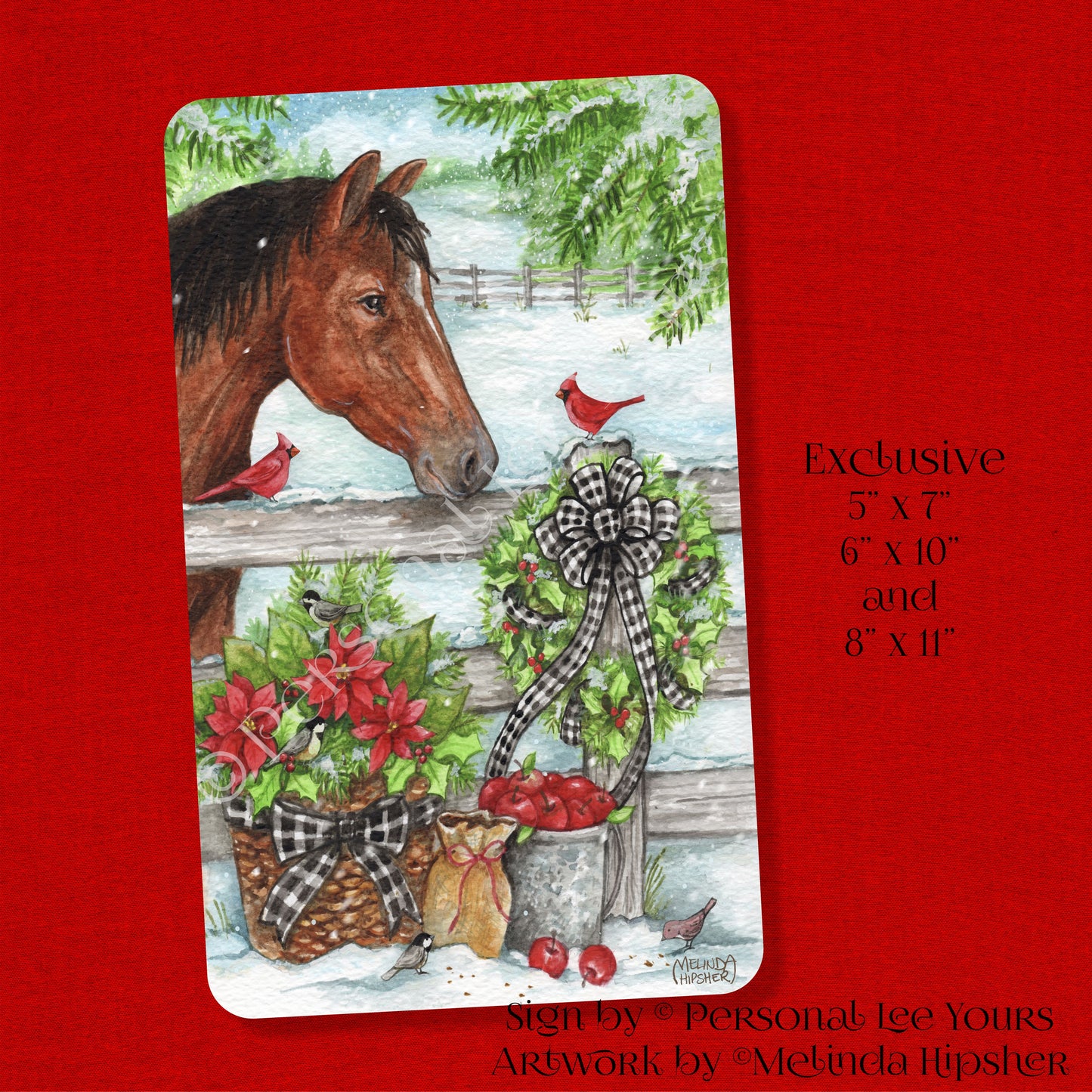 Melinda Hipsher Exclusive Sign * Christmas Horse and Cardinals * 3 Sizes * Lightweight Metal