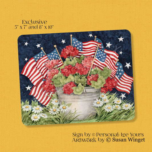 Susan Winget Exclusive Sign * Flags And Flowers Bucket * 2 Sizes * Lightweight Metal