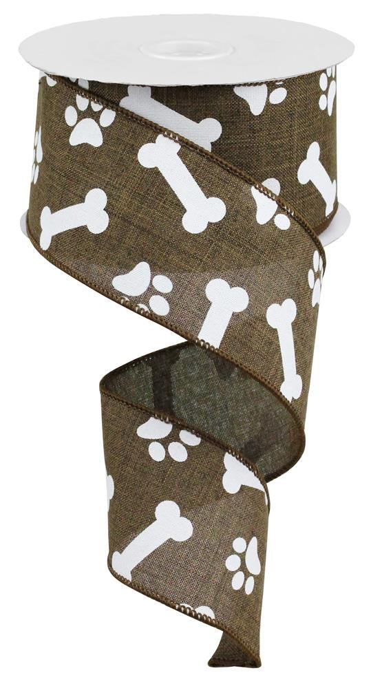 Wired Ribbon * Paw Prints and Bones * Brown and White Canvas * 2.5" x 10 Yards * RGA115104