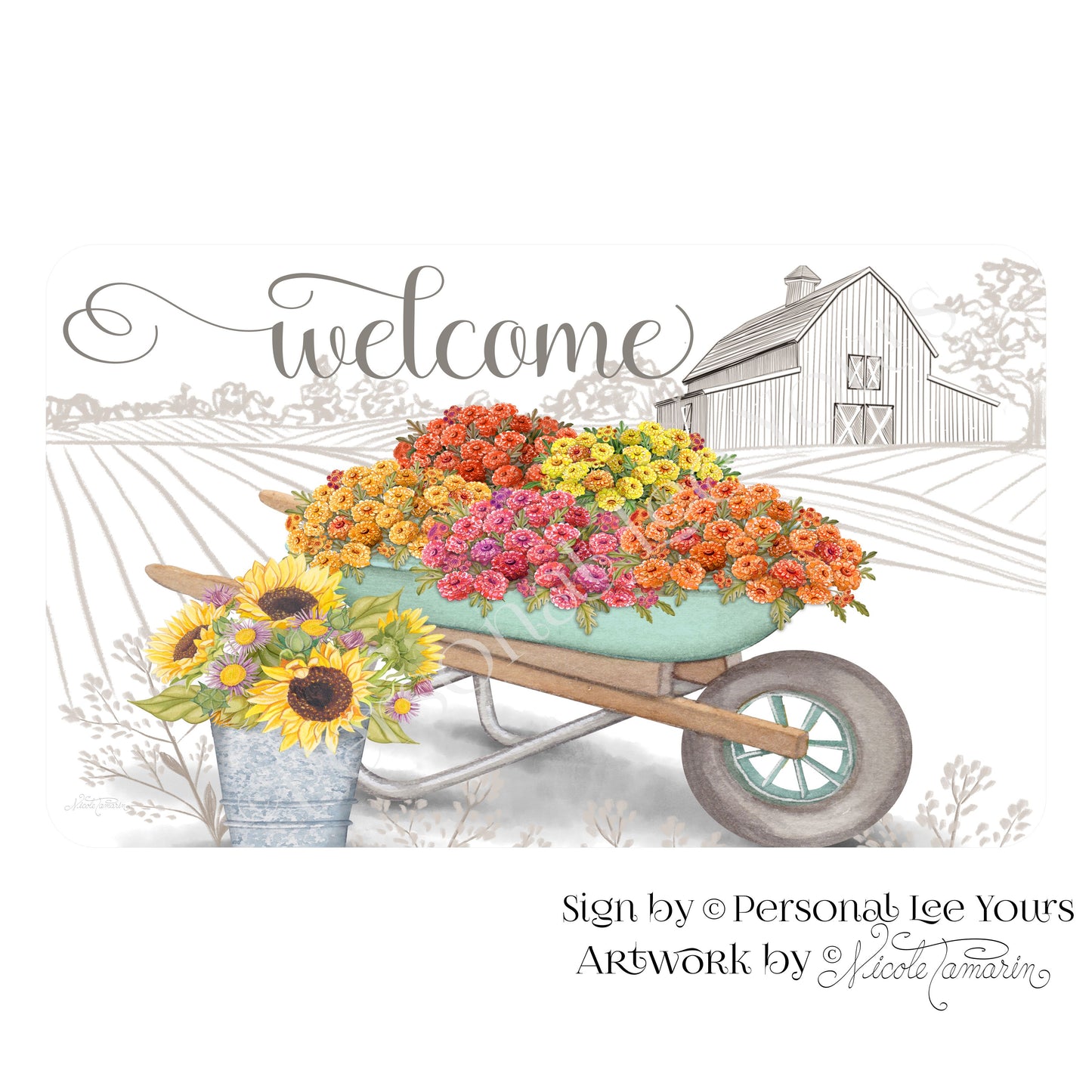 Nicole Tamarin Exclusive Sign * Flowering Welcome * Farmhouse * Horizontal * 4 Sizes * Lightweight Metal