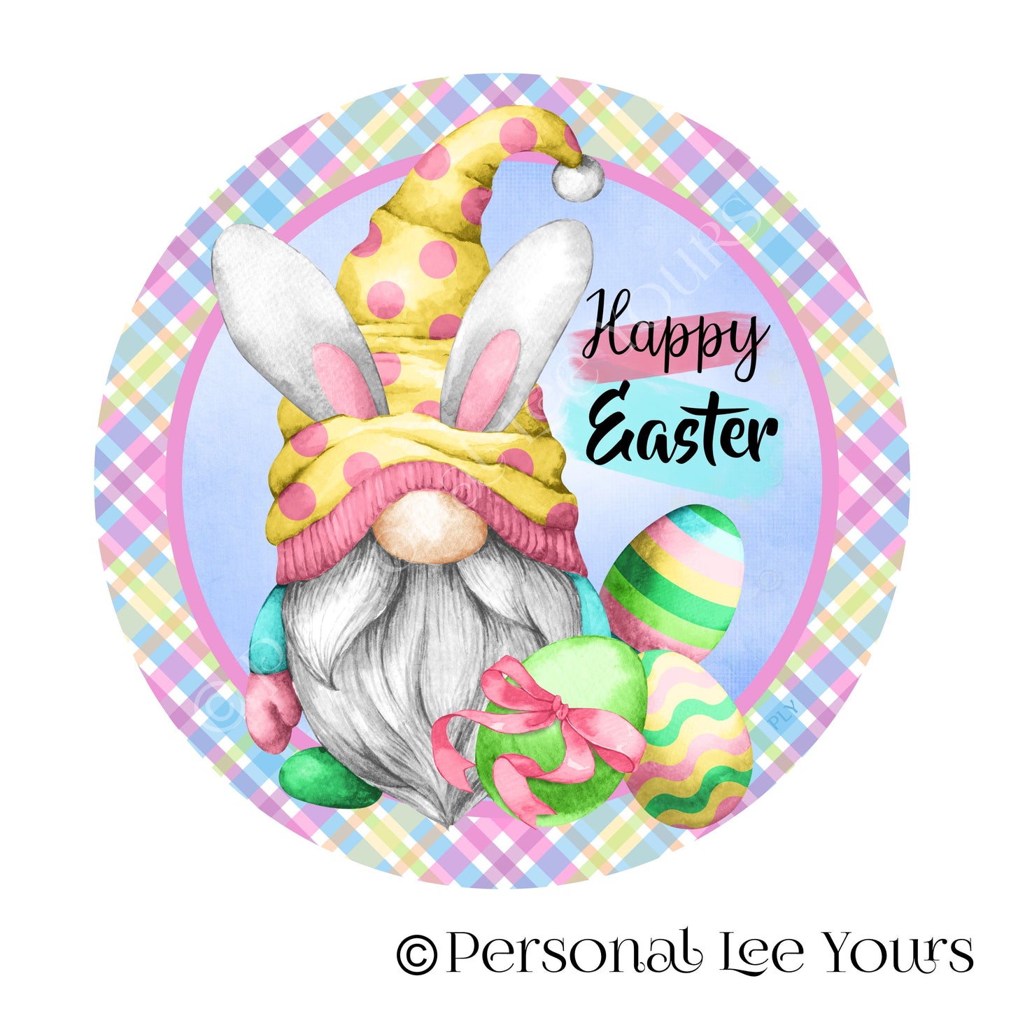 Metal Wreath Sign * Happy Easter * Gnome with Bunny Ears * Round * Lightweight